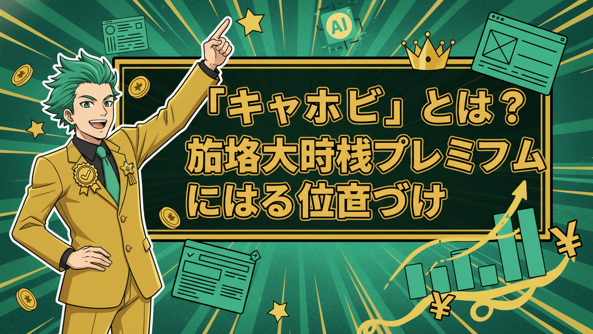 緑色の背景に黄緑色のスーツを着た男性が指をさしている。中央には日本語のタイトル、右下にはグラフと円記号。