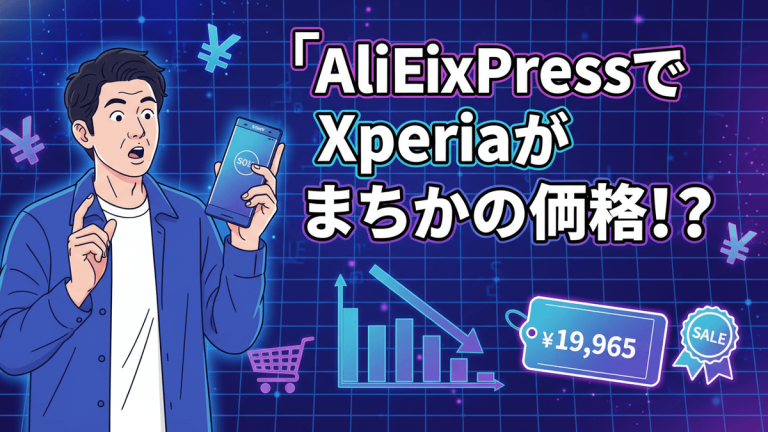 青と紫のネオンカラーの背景に、驚いた表情でスマートフォンを持つ日本人男性のイラスト。画面には「50%OFF」と表示されている。右側には価格が記されたタグがある。