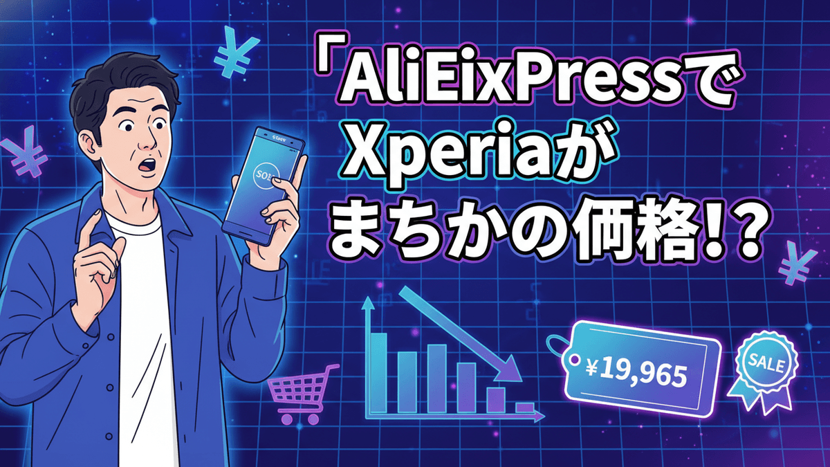 青と紫のネオンカラーの背景に、驚いた表情でスマートフォンを持つ日本人男性のイラスト。画面には「50%OFF」と表示されている。右側には価格が記されたタグがある。