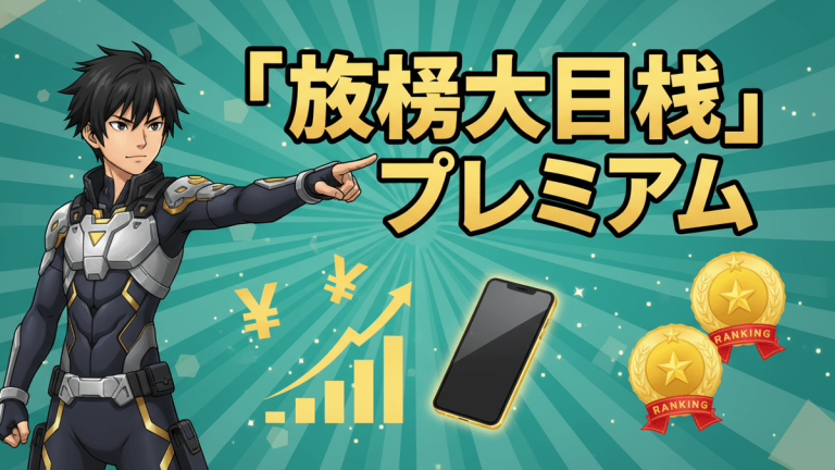 緑色の放射線状の背景に、日本のタイトル、男性キャラクター、スマートフォン、上向きのグラフ、円記号、ランキングバッジが描かれています。
