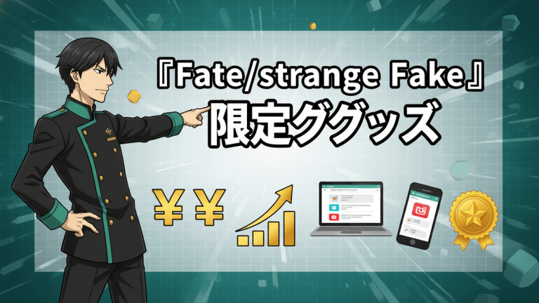 緑と黒の制服を着た男性キャラクターが右を指差し、「『Fate/strange Fake』限定グッズ」という大きな文字が書かれている。背景はデジタルテックグリッドで、円記号、上昇するグラフ、ノートパソコン、スマートフォン、金色のバッジが配置されている。