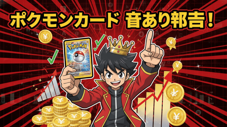赤と黒の背景に、王冠をかぶった男性がポケモンカードと指差す。周りには円、チェックマーク、グラフが配置されている。