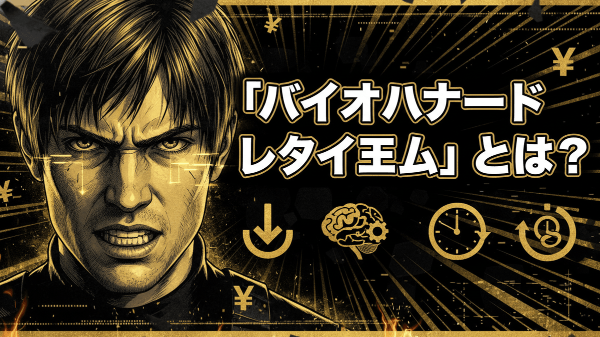 黒と金の背景に日本人男性の顔のクローズアップ、右側に「『バイオハザード レクイエム』とは？」のタイトル