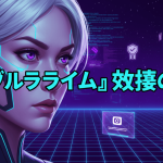 女性の戦士が、左側の自然要素と右側の機械要素が対立する世界に立っている。