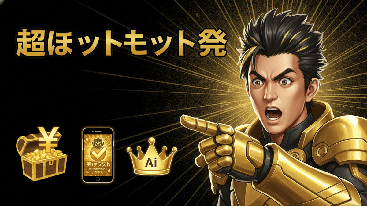 金と黒を基調とした背景に、金色の鎧をまとった男性キャラクターが指をさしている。左下には宝箱、スマートフォン、王冠のアイコンが配置されている。