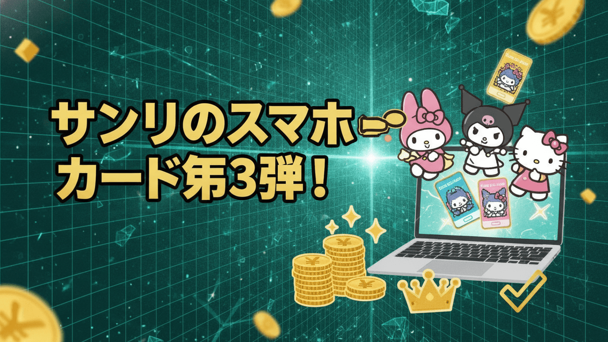 「サンリオのスマホカード第3弾！」というタイトルが大きく表示され、サンリオキャラクター、ノートパソコン、金貨、王冠、チェックマークが配置されています。