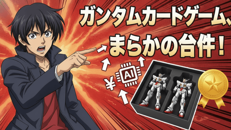 赤とオレンジを基調とした背景に、左側にキャラクター、右側にガンダムのミニプラと「AI」「¥」のアイコンが配置されている。