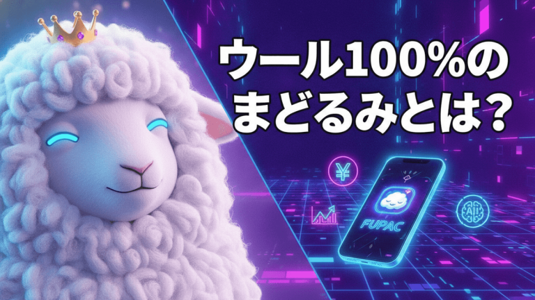王冠をかぶった白い羊が左側に、右側には「ウール100%のまどろみとは？」という日本語のタイトルが表示されています。タイトルは太字で白い文字に黒い縁取りがされています。下方にはFUPACのロゴとアプリのアイコンが表示されたスマートフォン、仮想通貨のアイコン、上昇するチャート、AIアイコンが配置されています。背景は紫と青のデジタルグリッドパターンです。