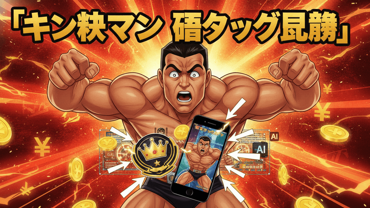 炎と稲妻を背景に、キン肉マンのキャラクターが中央に大きく描かれ、両腕を振り上げている。