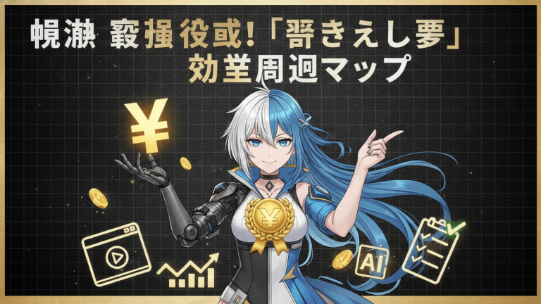 白と青の髪の女性が左手にYen記号、右手に指を立て、その周りに様々なアイコンが配置されている。