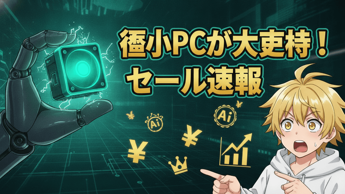 ロボットアームが掴むネオングリーンのミニPCと、驚いた表情の少年がAIアイコン、円記号、上向きのチャート、王冠に囲まれている