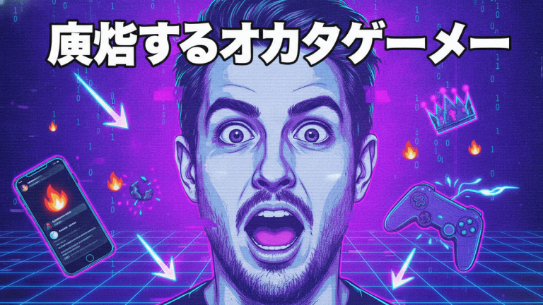 驚いた表情のゲーマーが中央にいる、ネオンパープルとブラックの背景のイラスト。
