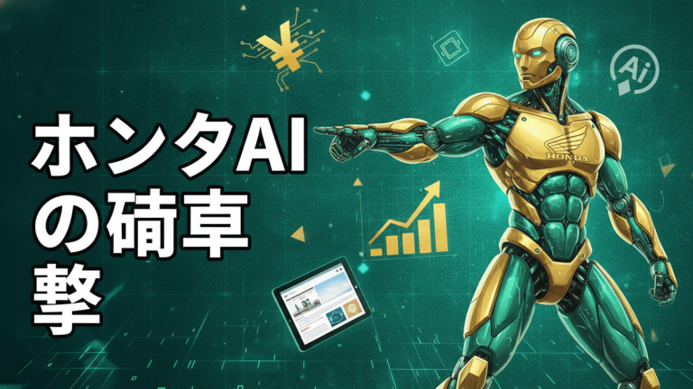 ホンダのロゴが入った金と緑のロボット。背景には円記号、チャート、AIアイコン、ウェブサイトのタブレット。