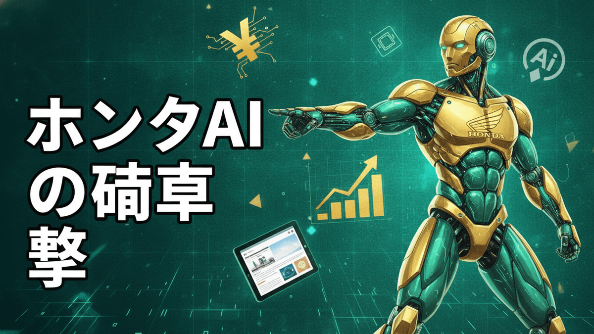 ホンダのロゴが入った金と緑のロボット。背景には円記号、チャート、AIアイコン、ウェブサイトのタブレット。