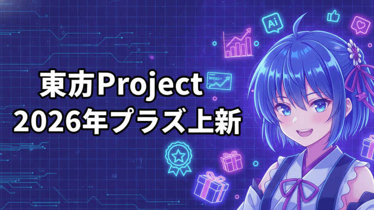 Anime girl with blue hair and eyes, wearing a dark blue and white outfit, with a grid background and neon icons.
