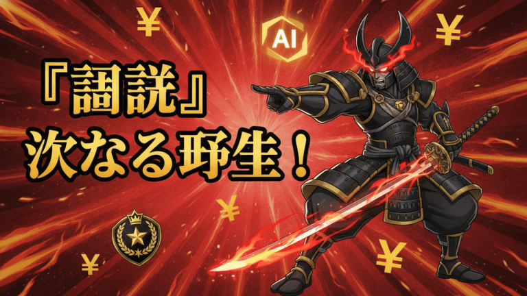 赤と黒と金の配色で、赤い背景にスピード線と円が描かれ、キャラクターは右にいる。中央に日本語のテキスト。