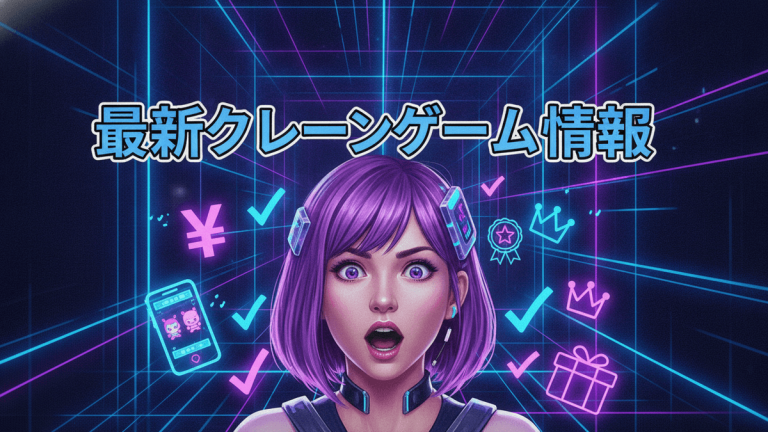 青と紫のネオンカラーの背景に、目を大きく見開いて口を開けている若い女性のイラスト。
