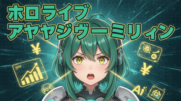 An anime girl with green hair and headphones on a digital tech grid background. Japanese text above. Yen symbols and AI icons surround her.