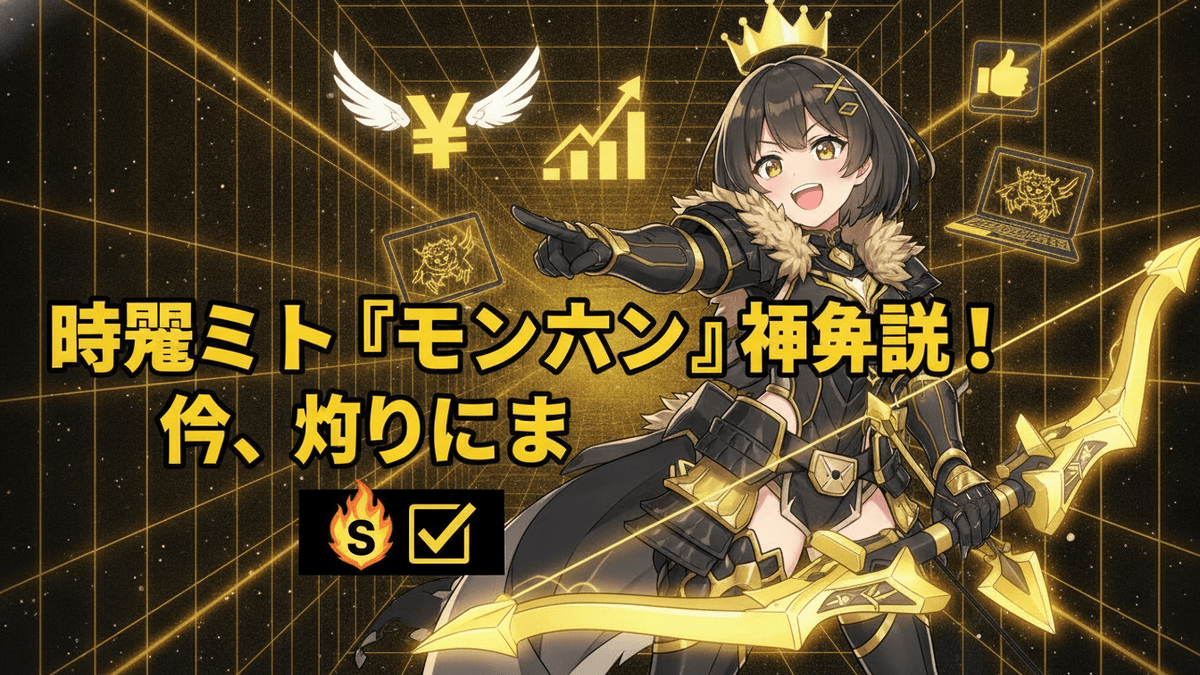 暗い背景に金色のグリッドが広がる中に、黒い鎧と金色の装飾を身につけた時雨ミトが弓を構え、画面右を指している。