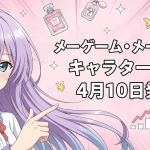 ピンクと紫の背景にアニメキャラクターと香水ボトル、円マーク、グラフ、プレゼント箱。「ノーゲーム・ノーライフ キャラクター香水 4月10日発売」の文字。