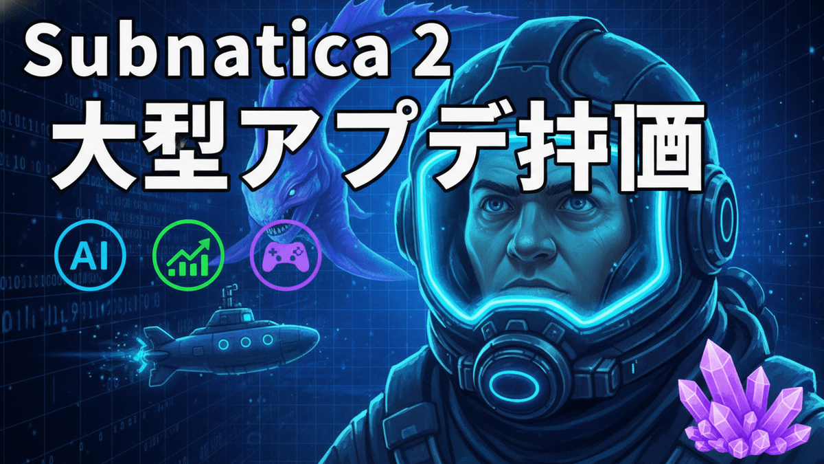 暗い青色の背景に、光るダイビングヘルメットを着用した人物、潜水艦、そして大きな水生生物のイラスト。