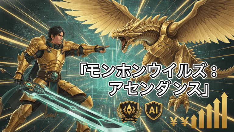 金色の鎧を着たハンターと金色のドラゴンの対決。右側に日本語のタイトル「モンハンワイルズ：アセンダンス」とAIアイコン、矢印、円のシンボル。