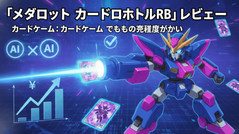 メダロット カードロボトルRBのサムネイル。ロボットがカードゲームのプレイ中に現れ、カード、グラフ、AIアイコンが表示される。