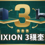 宇宙飛行士、PC、PS5、金色の数字の「3」、そしてテキスト「IXION 3機種発売」が描かれたサムネイル。