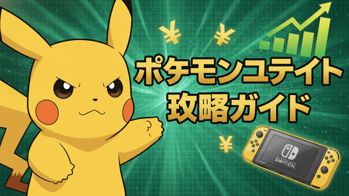 ピカチュウとNintendo Switch Lite、日本のタイトル「ポケモンユナイト攻略ガイド」が描かれたグラフィック。
