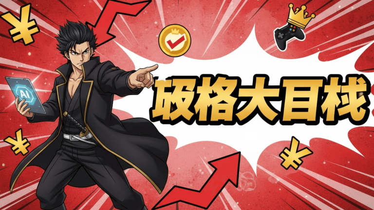 攻略大百科のサムネイル。赤い背景に、日本のアニメ風の男性キャラクターがタブレットを手にポーズをとっている。