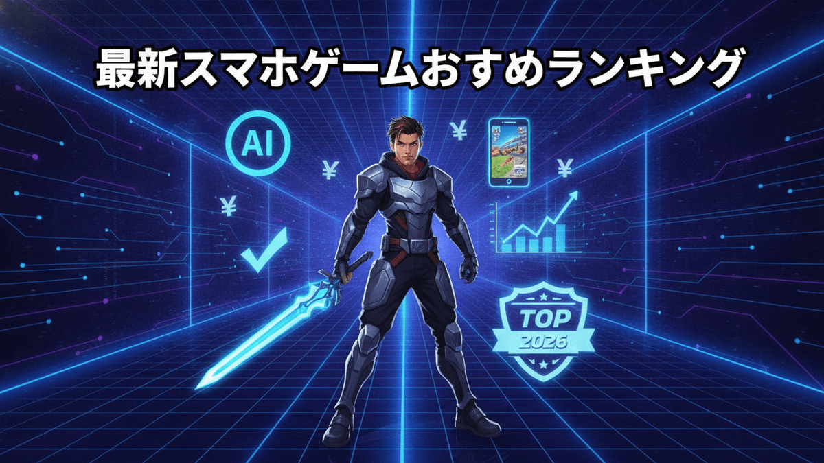 青と紫のネオンカラーの背景に、サイバーアーマーを着て剣を持つ男性キャラクター。上部に日本語のタイトルがあります。