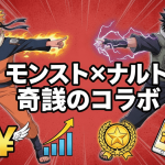 うちはサスケが画面の右側を指差している。そこには「モンスト&ナルト 徹底解説Q.A」というタイトルと、ウェブサイト、お金、矢印、疑問符、ギフトボックス、ソーシャルメディアのアイコンが描かれた2つの情報バーがある。