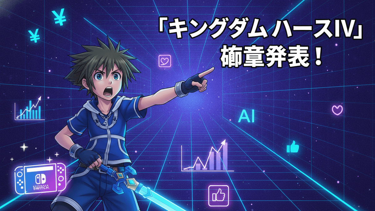 青いシャツを着たアニメキャラクターが指をさしており、背景には日本の文字とゲーム関連のアイコンがあります。