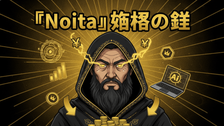 暗いフードをかぶった男性の顔、背景は金色の放射状の線とデジタルアイコン。