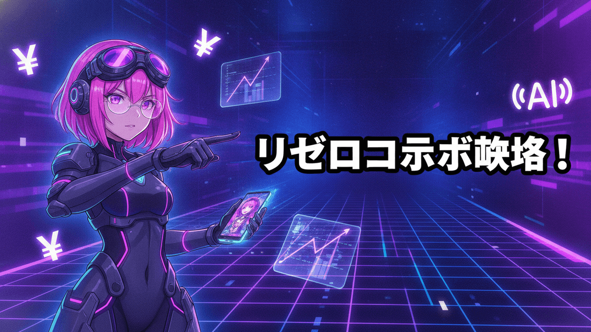 ピンク髪のキャラクターがスマホを持ち、AIアイコン、円記号、チャート、グリッドが描かれた背景に日本語のタイトル「リゼロコラボ攻略！」
