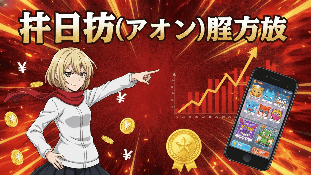 赤と金色の背景に、アニメキャラクターの橘日向が指差しており、その横にスマホゲームの画面と上昇トレンドのチャート、金貨が配置されている。