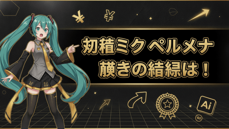 黒と金の背景にアニメキャラクター初音ミクが立ち、日本語のタイトルと小さなアイコンが描かれている。