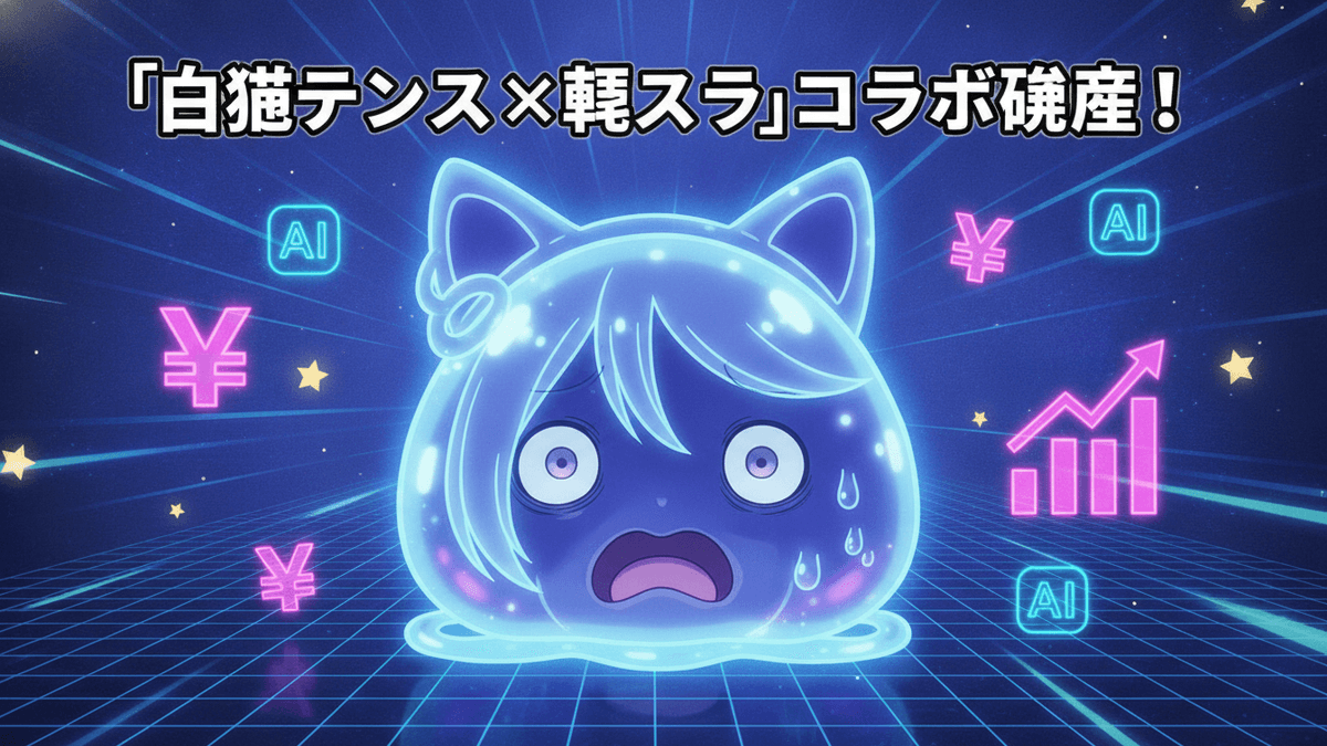 青い格子状の背景に、ネコ耳をつけたスライムキャラクターが中央に配置されている。周囲にはピンク色の円マーク、星、グラフ、AIアイコンが配置されている。
