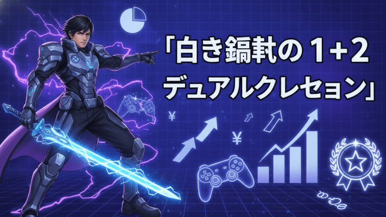 青いネオンと紫の雷を背景に、サイバーパンクな鎧を着た男性キャラクターが剣を持ち、右手に「白き鋼鉄の1+2 デュアルコレクション」という日本の文字を指している。