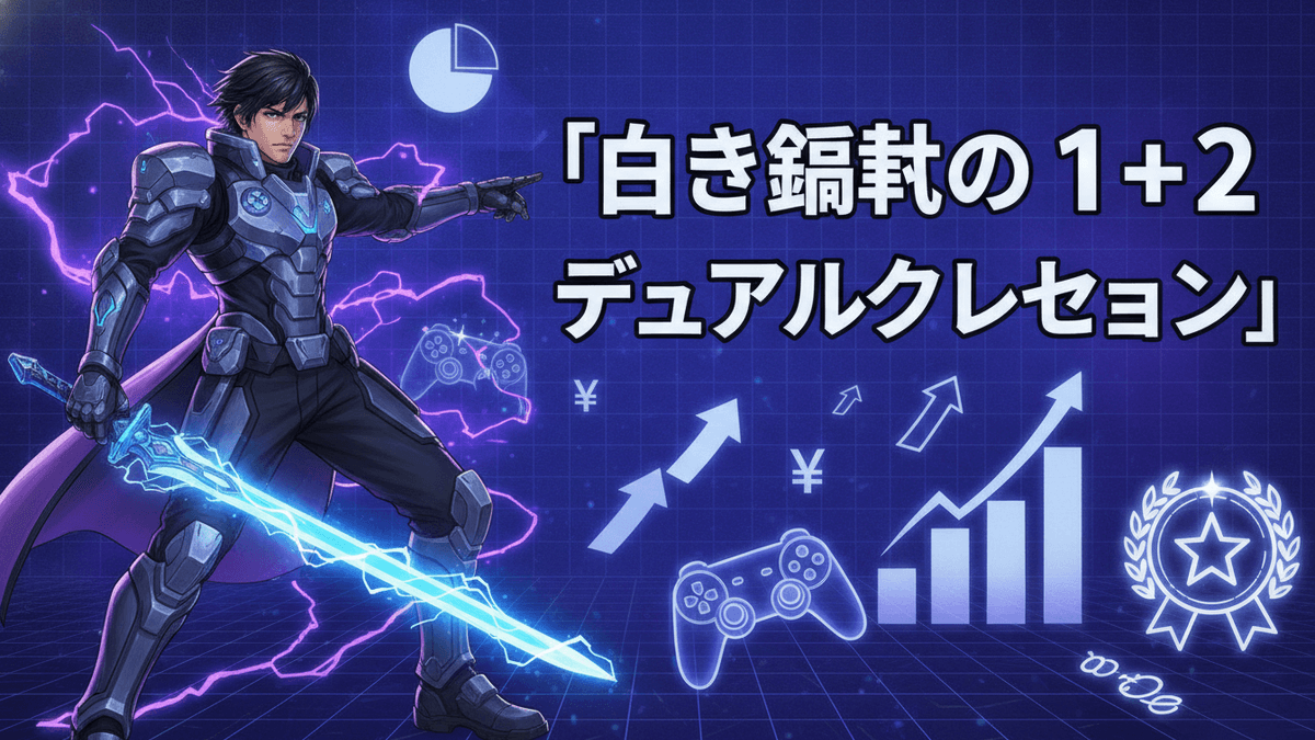 青いネオンと紫の雷を背景に、サイバーパンクな鎧を着た男性キャラクターが剣を持ち、右手に「白き鋼鉄の1+2 デュアルコレクション」という日本の文字を指している。
