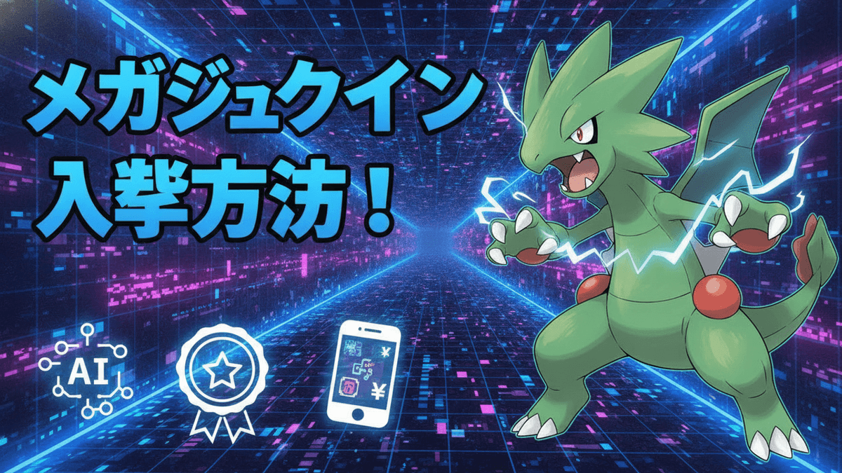青と紫の未来的なトンネル背景に、緑色のメガジュカイン、スマートフォンのアイコン、AIアイコン、ランキングバッジ
