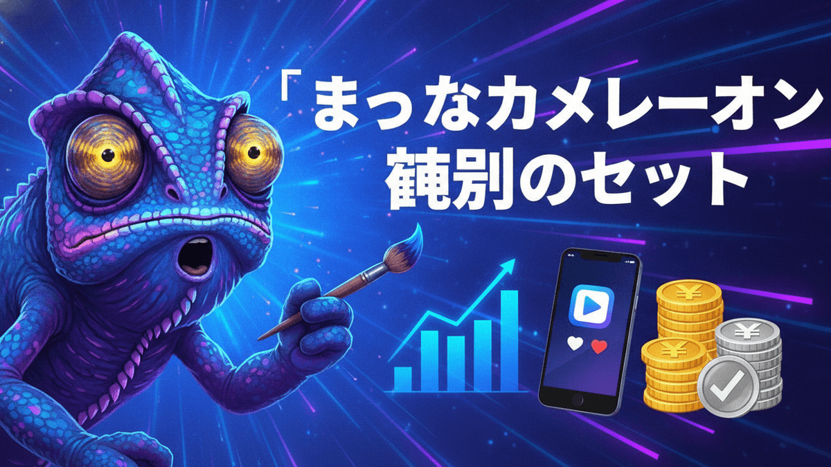 青紫のネオンカラーの背景に、絵筆を持ったカメレオン、スマホ、グラフ、コインが描かれている。