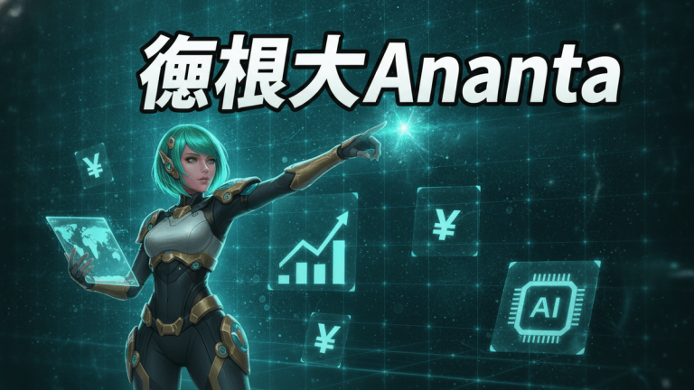 SF風の女性キャラクターが未来的な都市グリッドの背景に立つ。タイトル「無限大Ananta」とAIアイコン、チャート、円記号が浮かんでいる。