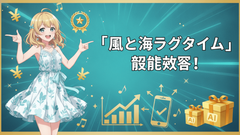金色の縁取りと青緑色の背景。左に金髪のキャラクターが両手を広げて立っており、右に日本語のタイトル「「風と海ラグタイム」 設能効容！」と描かれている。