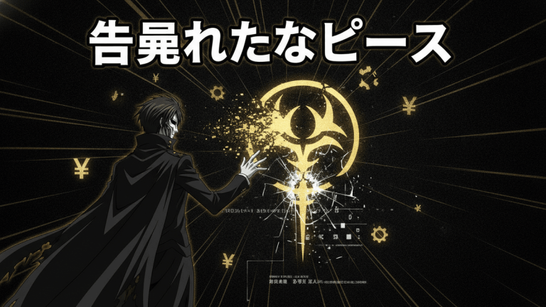 黒い背景に金色で描かれた壊れたギアスのシンボルと、その前に立つアニメキャラクター。上部には「告毘られたなピース」という日本語のテキスト。