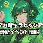 青い髪の少女の顔が大きく中央に描かれており、周りにはノートパソコン、スマートフォン、AIアイコン、コイン、ギフトボックスが配置されています。