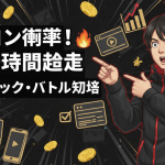 黒い背景に金色の線とアイコンが散りばめられ、右に驚いた顔の男性キャラクターが指を指しています。