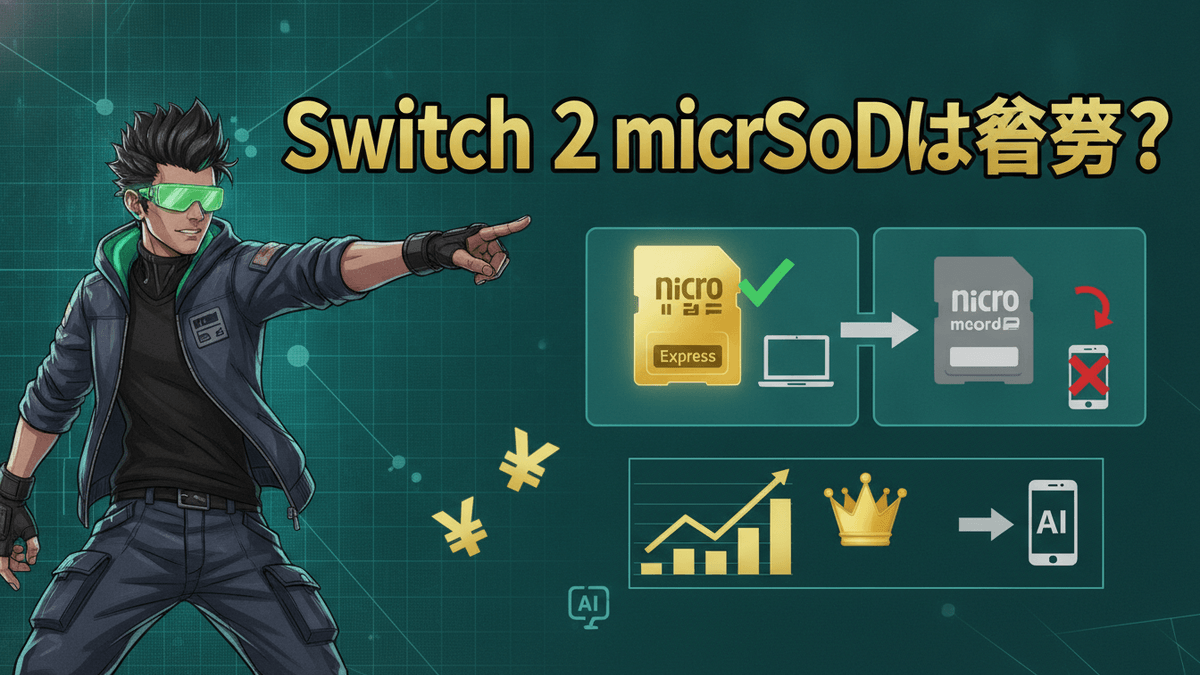 未来的な男性が指をさし、Switch 2とmicroSDカードの比較を示すインフォグラフィック