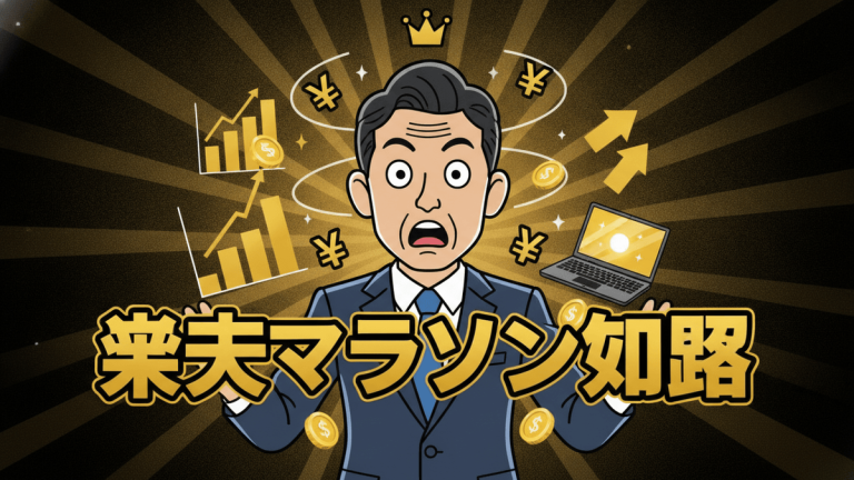 ショックを受けた様子の男性が中央に描かれ、その周りには金色の円、上昇するグラフ、ノートパソコン、矢印、日本円の記号、そして王冠が配置されている。