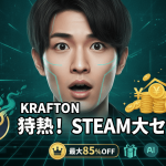 KRAFTON Steamセールを告知するグラフィック。驚いた表情の男性の顔、左にSteamロゴ、右に積み上げられたYenコインとグラフ。
